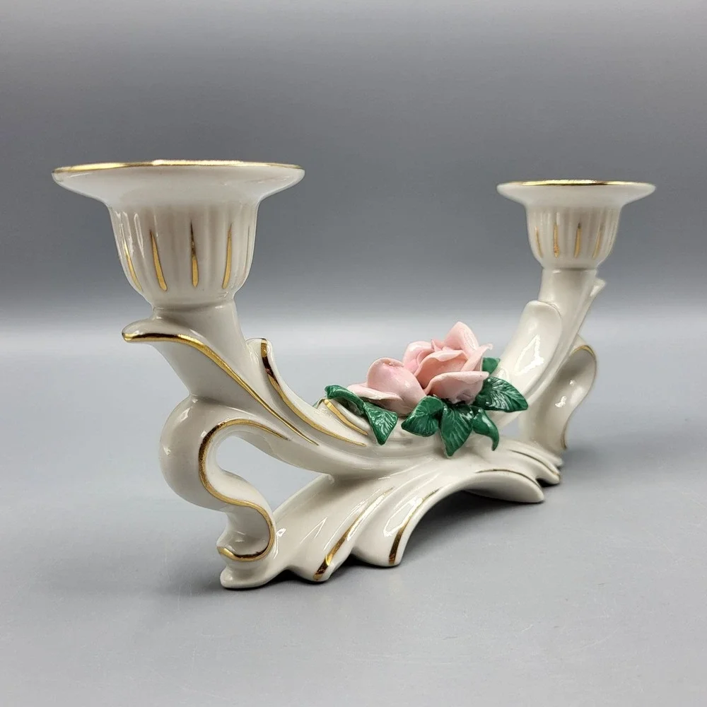 Vtg Dresden Porcelain Rose Double Candle Holder Candlestick Set of 2 Germany